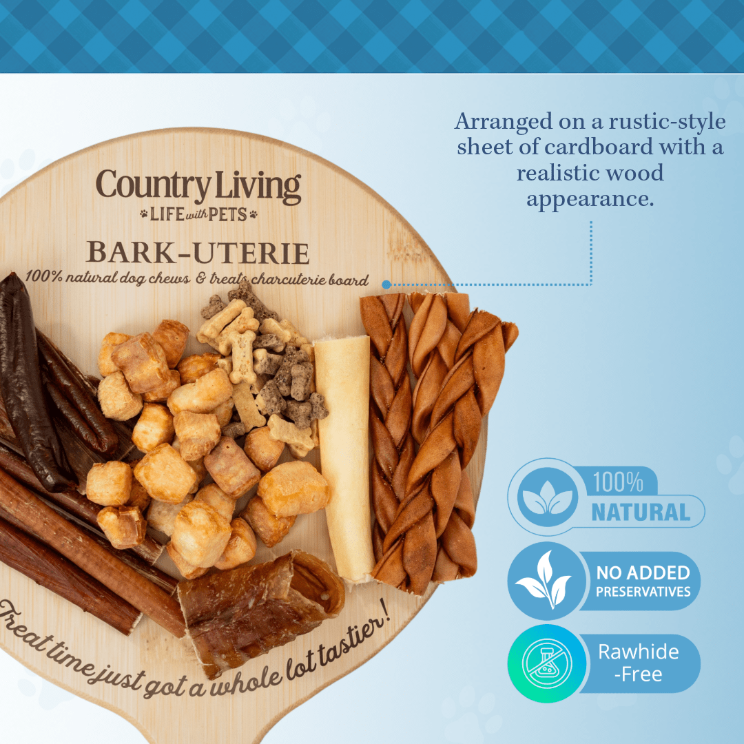 Mixed dog treat assortment arranged on rustic circular card: sticks, biscuits, chews