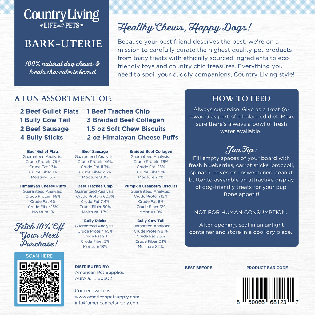 Dog treat variety back label with ingredient list and feeding instructions panel