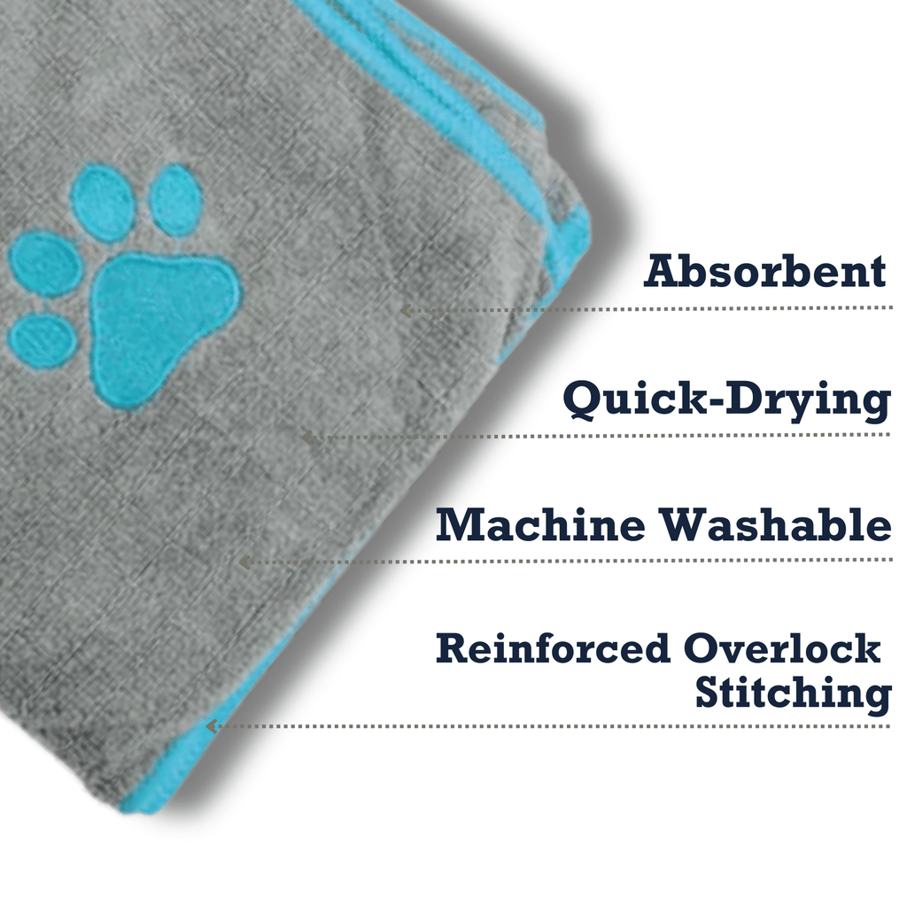 Corner close-up: gray microfiber dog bath towel with teal paw print and blue binding edge.