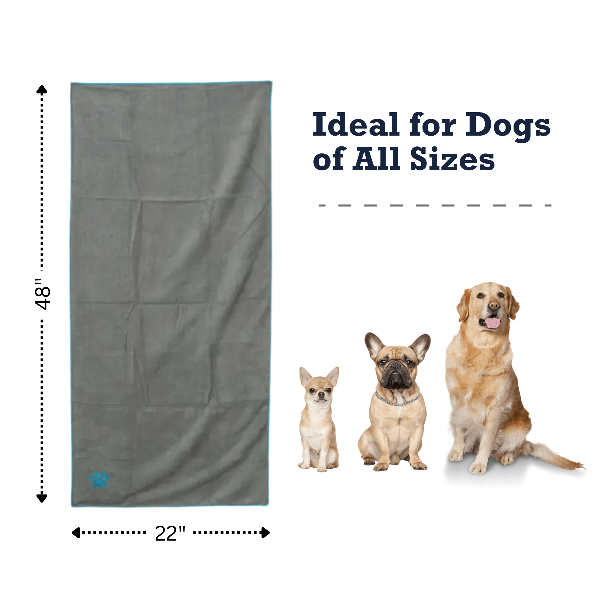 Gray microfiber dog bath towel displayed flat with teal edge binding and paw emblem.
