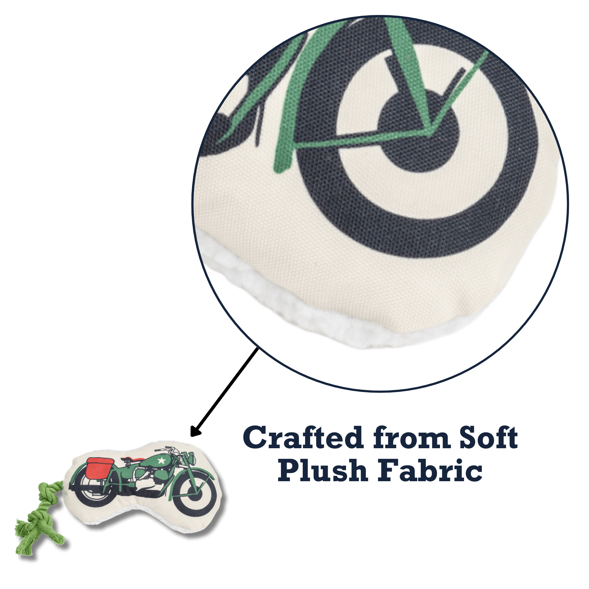 Close-up of plush motorcycle-shaped dog toy wheel graphic on soft white fabric