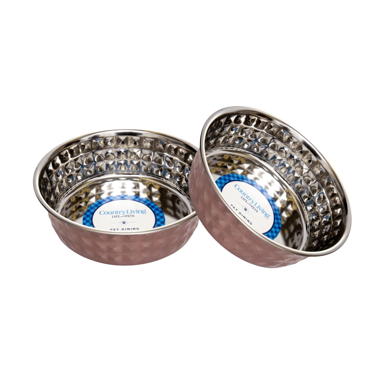 Set of 2 hammered stainless steel dog bowls with rose quartz pink exterior