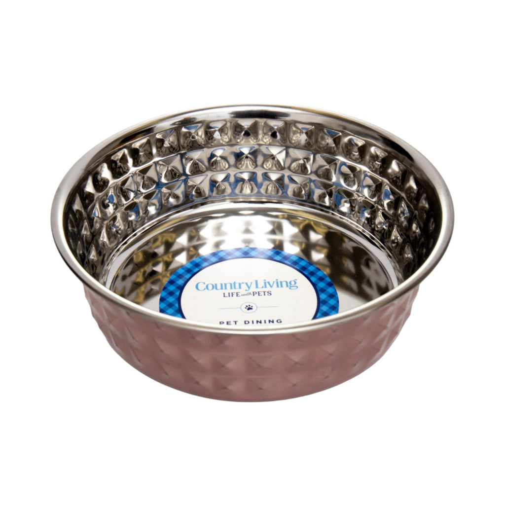 Hammered stainless steel dog bowl with rose quartz pink hammered exterior