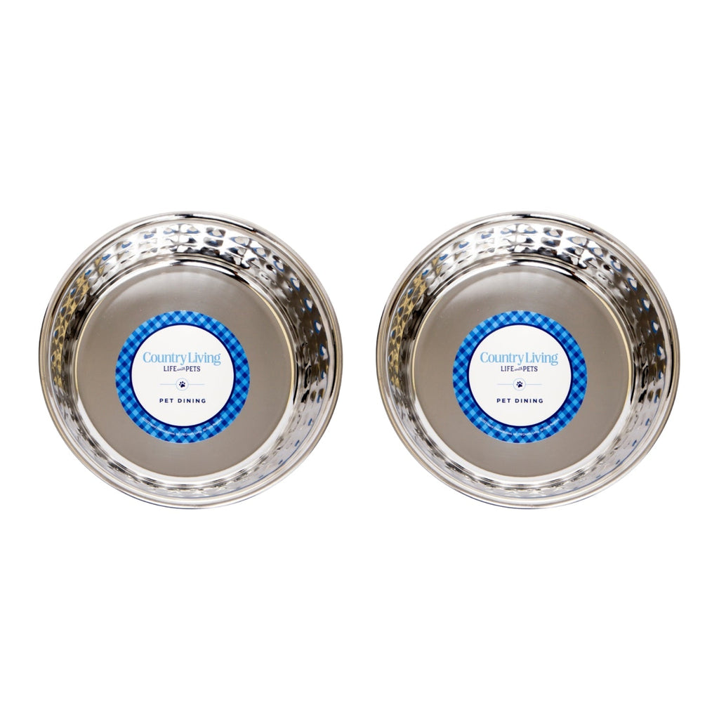 Pair of hammered stainless steel dog bowls with polished interior finish