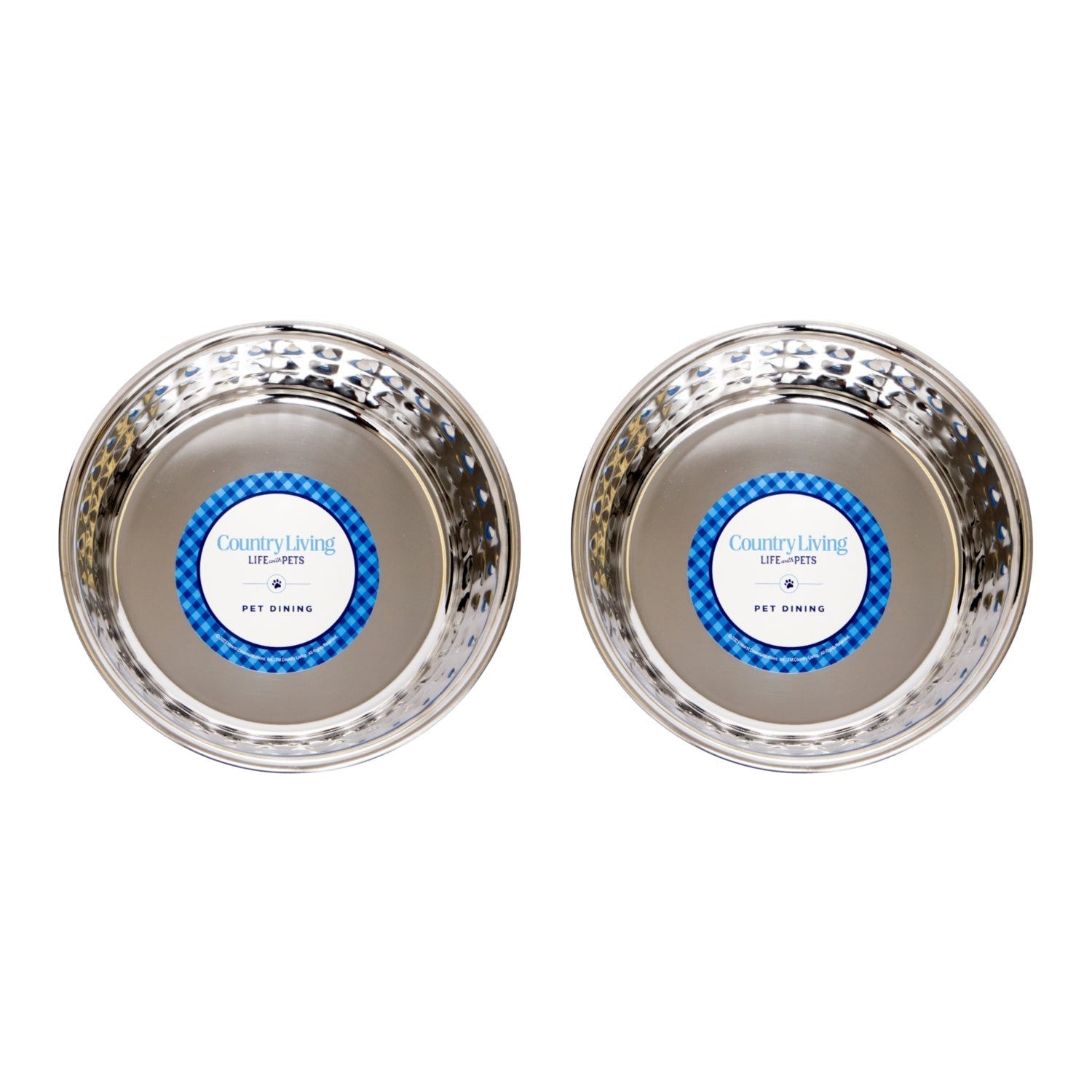 Pair of hammered stainless steel dog bowls with polished interior finish