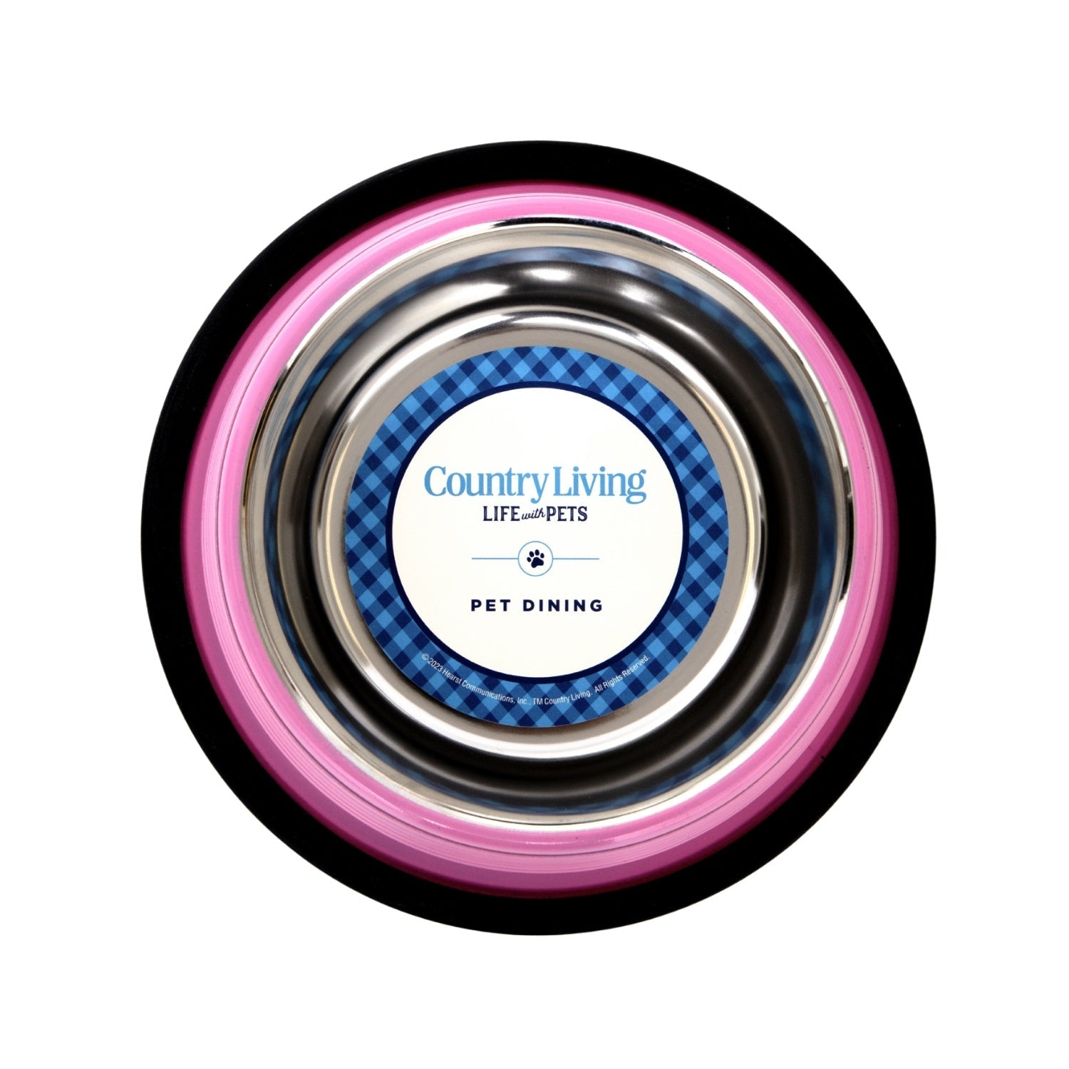 Round carnation pink ribbed pet bowl with stainless steel bowl and black non-slip ring