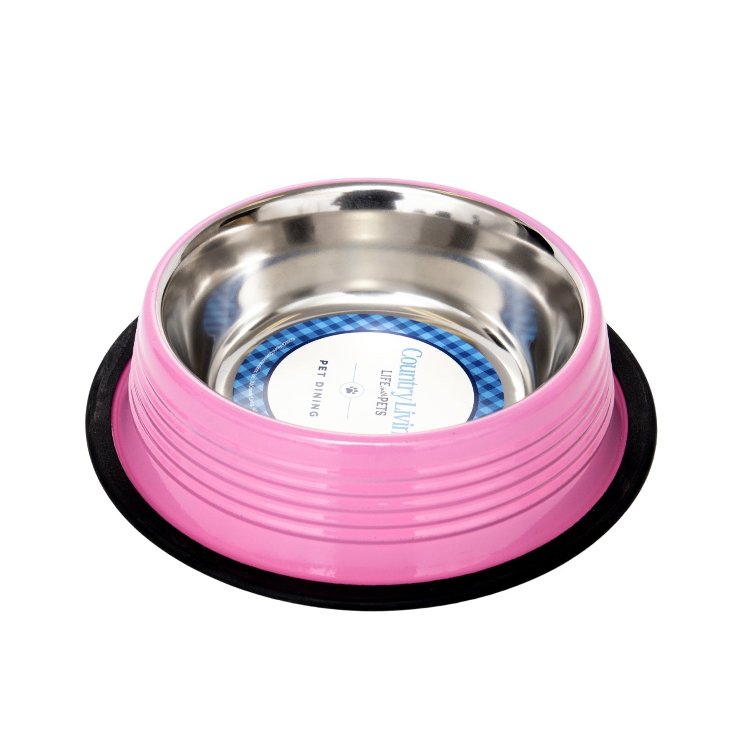Carnation pink ribbed pet bowl with stainless steel interior and black non-slip base