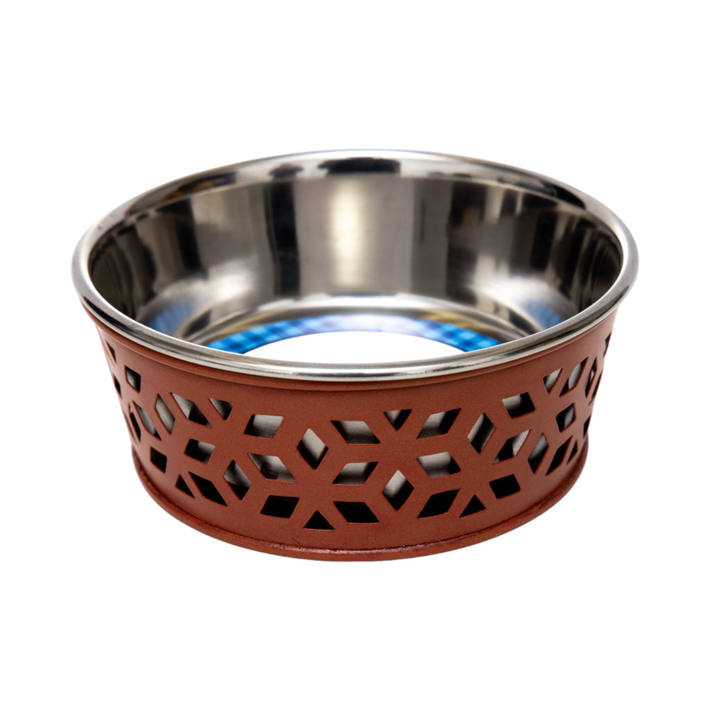 Stainless steel dog bowl with red-brown perforated band and shiny steel interior