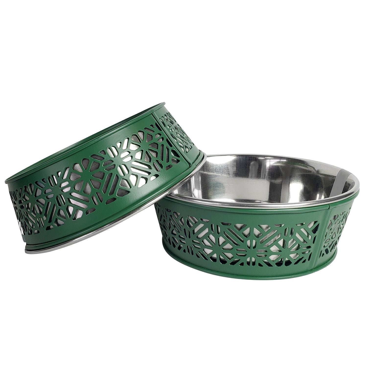 Set of 2 stainless steel dog bowls with dark green perforated holders and blue inner labels