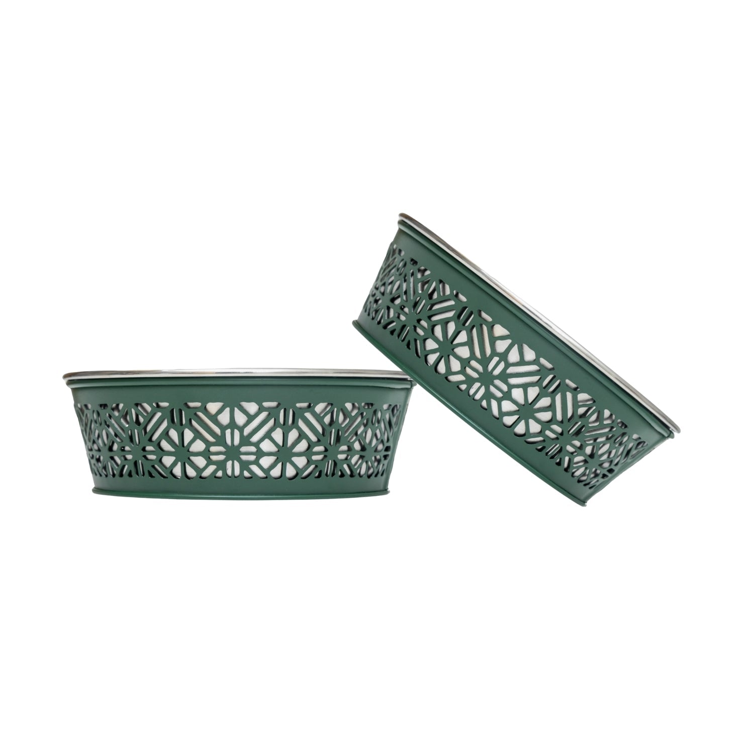 Set of 2 stainless steel dog bowls with dark green perforated side panels and blue inner labels