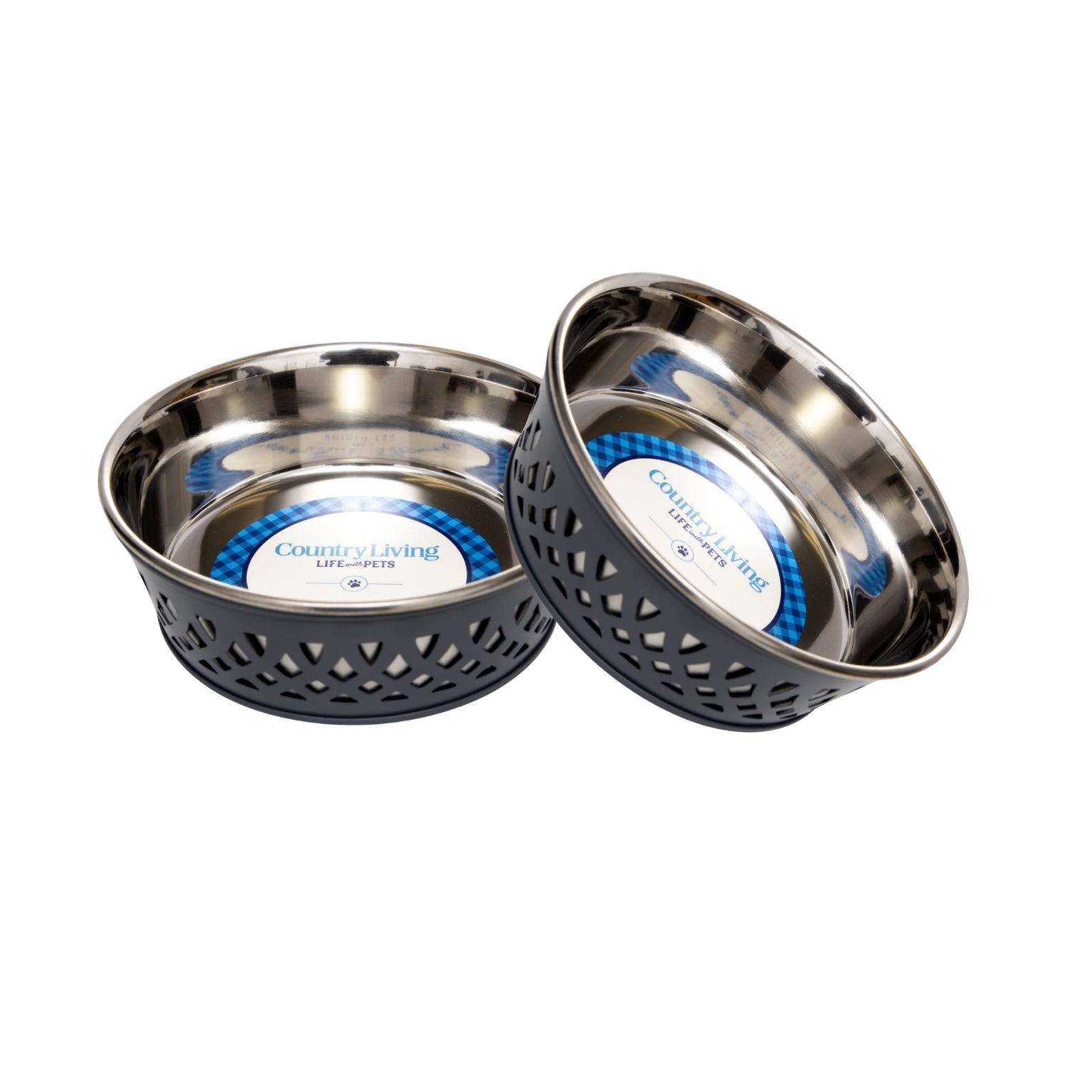 Set of 2 stainless steel dog bowls, gray and mint green perforated bands