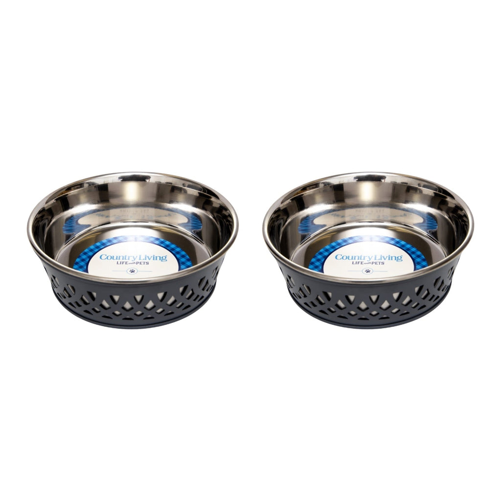 Set of 2 stainless steel dog bowls with dark gray perforated bands