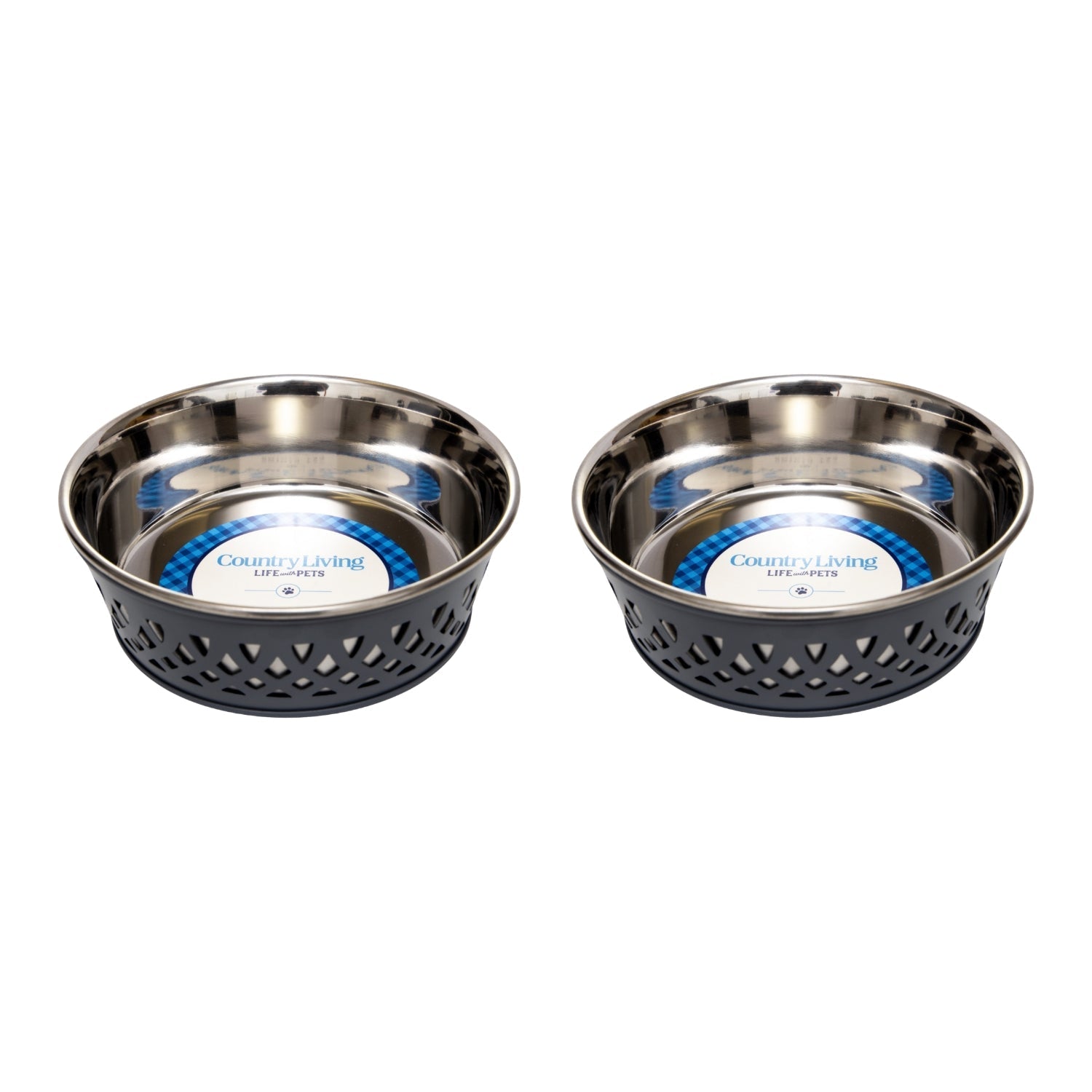 Set of 2 stainless steel dog bowls with dark gray perforated bands