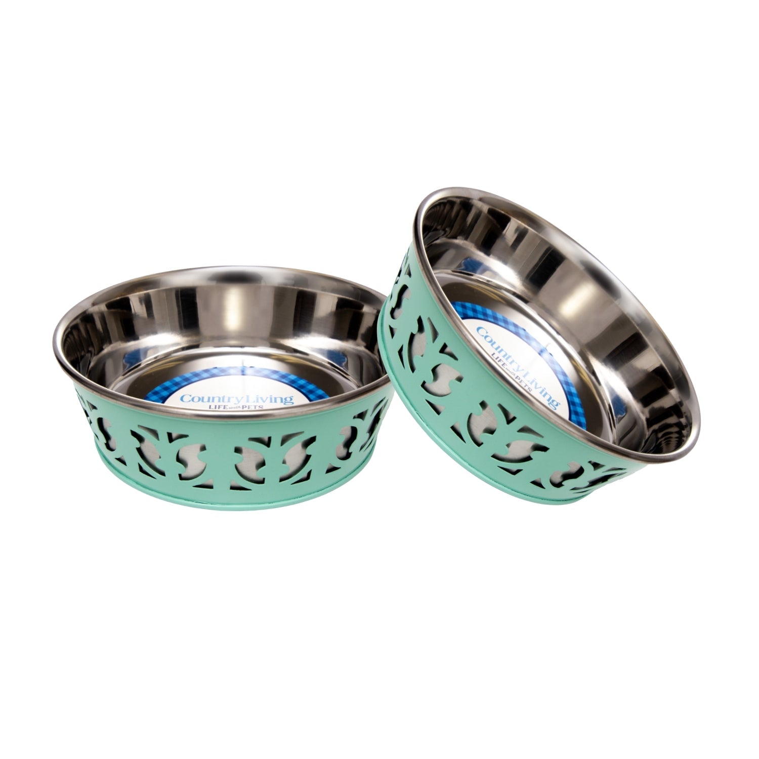 Stainless steel dog bowls with mint green perforated bands and blue liners