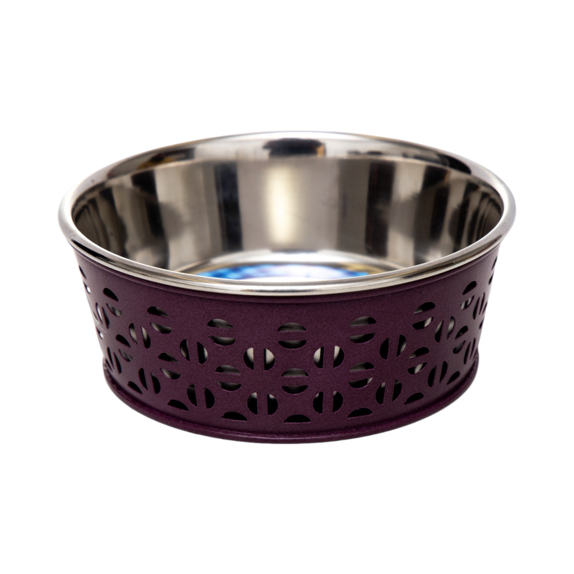 Stainless steel dog bowl with plum perforated exterior and blue “Pet Dining” label