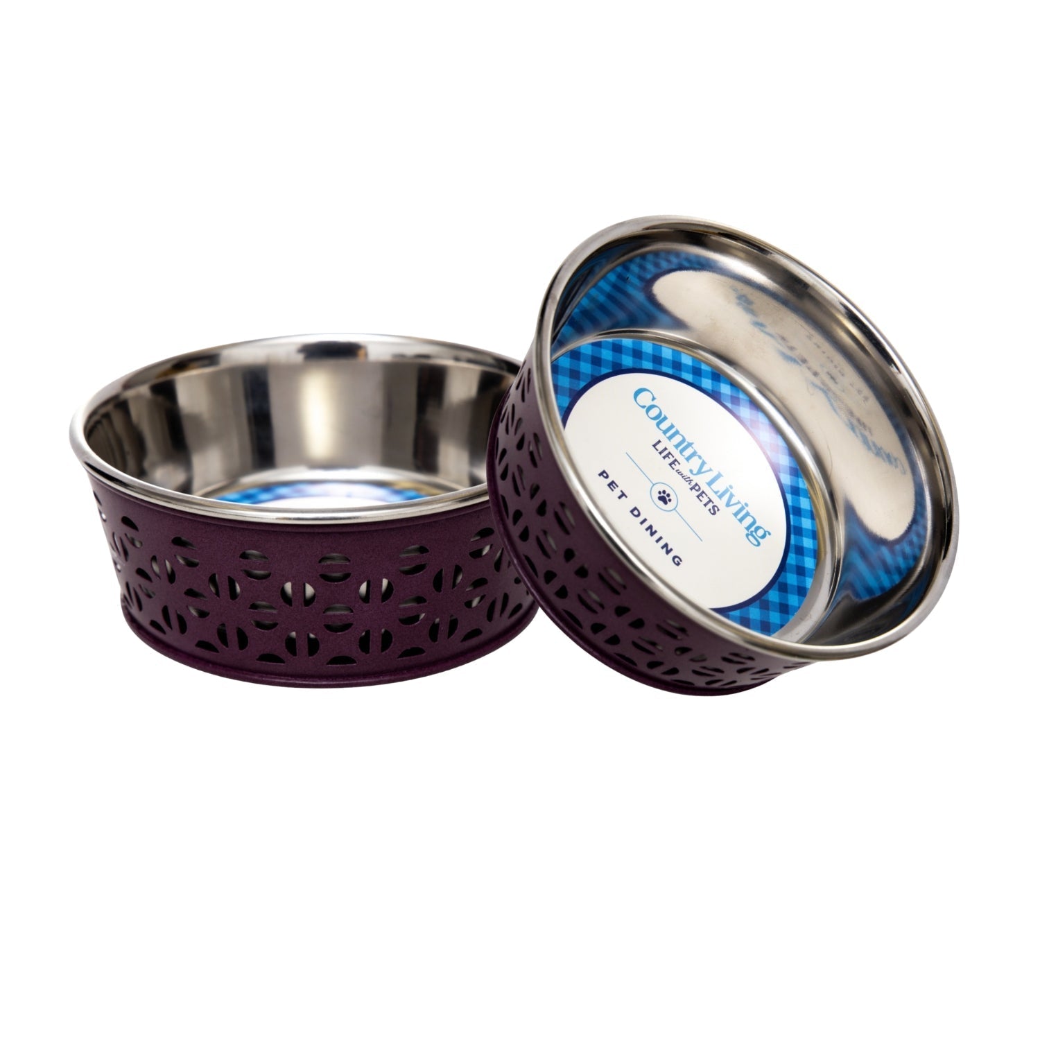 Set of 2 stainless steel dog bowls with plum perforated holders and blue inner labels