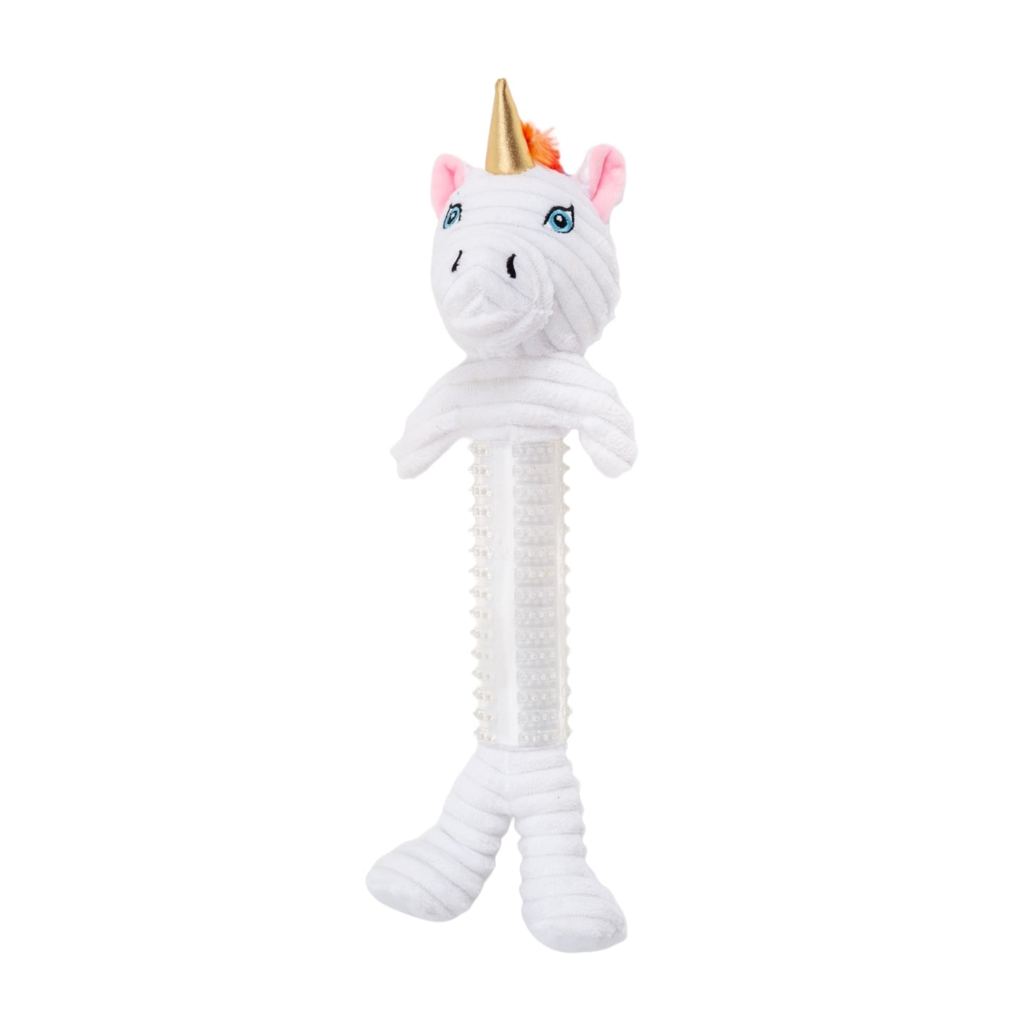 White unicorn plush dog toy with squeaker, front view with pink ears and gold horn