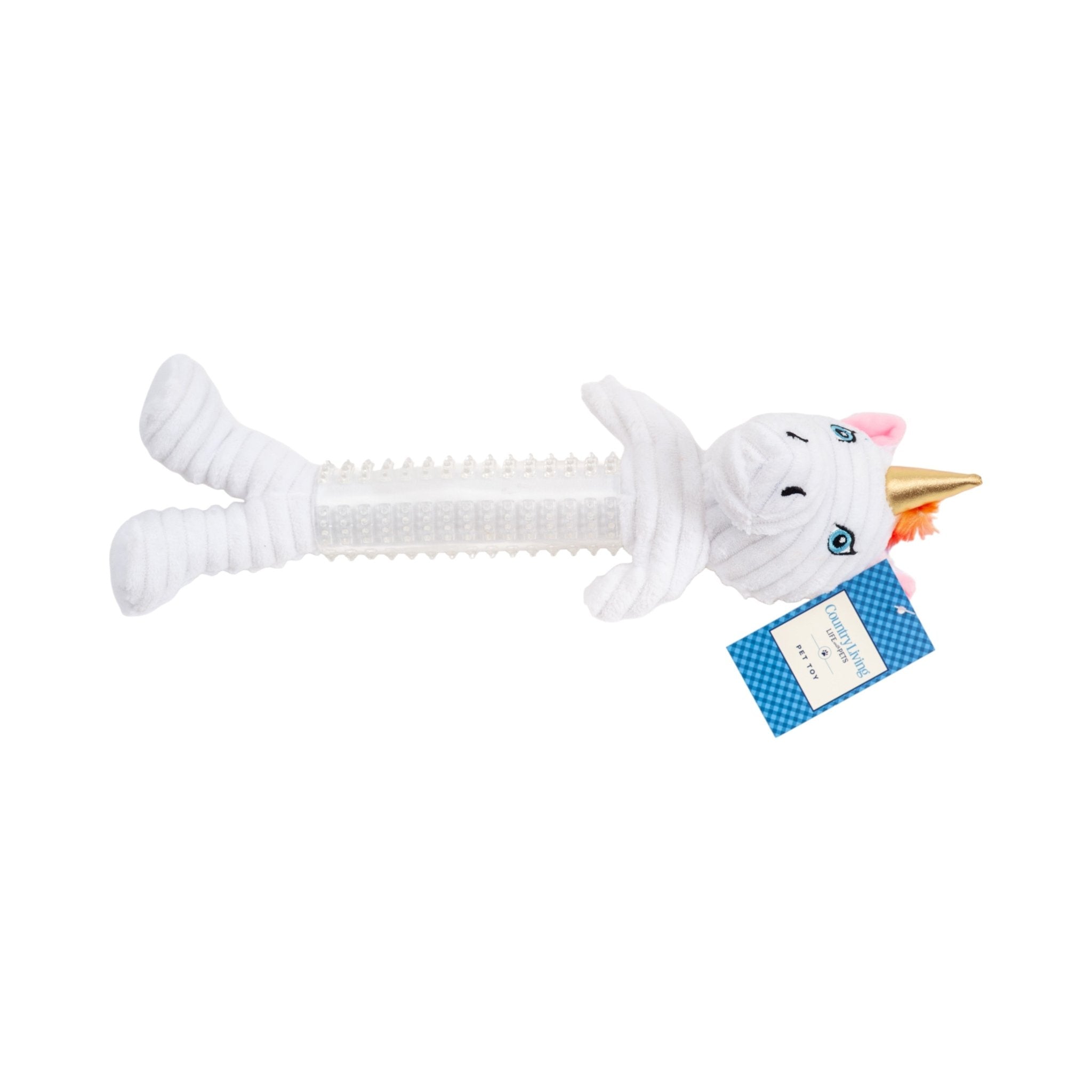 White unicorn plush dog toy with squeaker, blue crinkle tag and stitched body