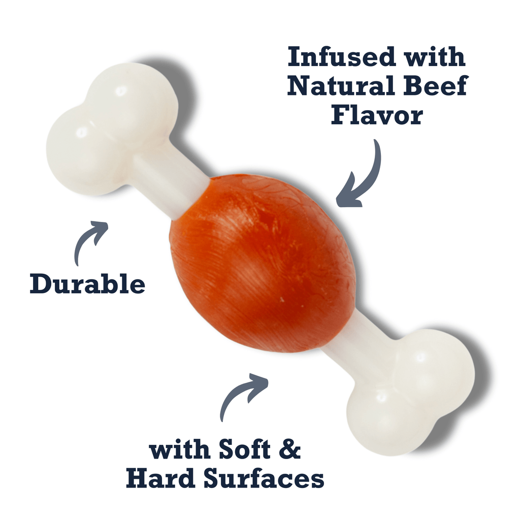 Orange oval and white bone chew toy with soft and hard surfaces