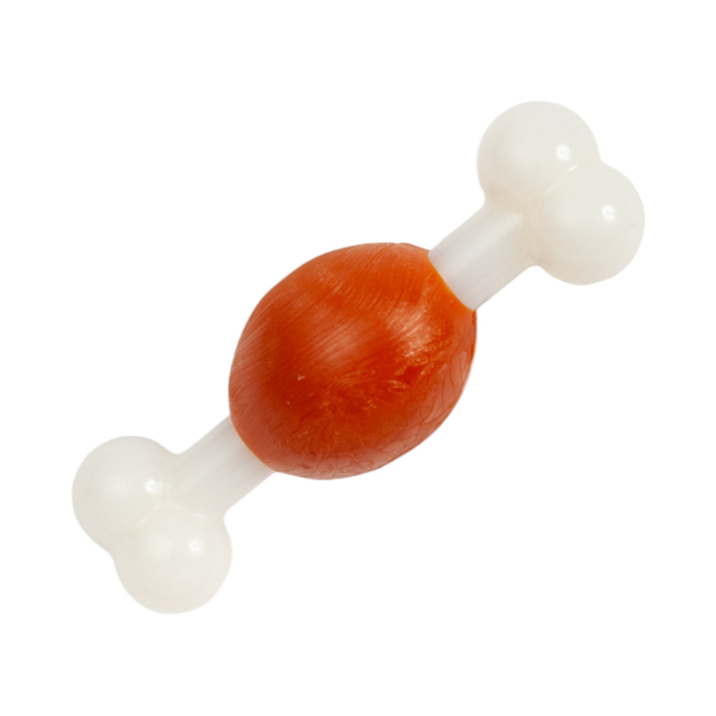 Orange-and-white bone-shaped dog chew toy with oval center
