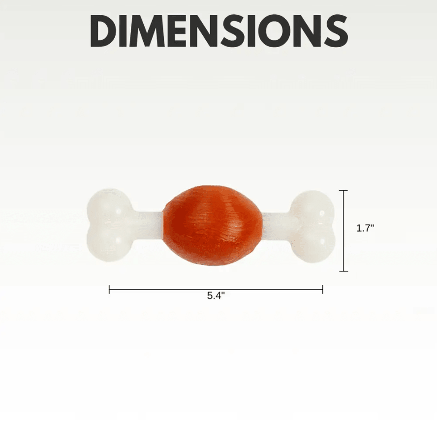 Dog chew toy with dimensions about 5.4 in long and 1.7 in wide