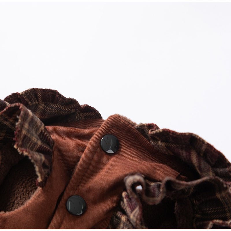 Brown pet sweater dress with plaid ruffle collar and snap-button front