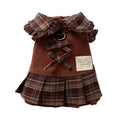 Brown plaid pet sweater dress with ruffle collar and bow detail