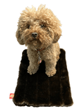 Dark brown faux mink crate liner, plush fur blanket with neck and arm openings