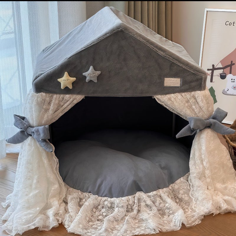 Gray pet tent with star appliques, lace trim base, bow-tied entrance