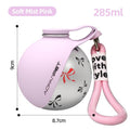 Soft pink portable pet water cup, bow print, stainless steel, with carry loop strap
