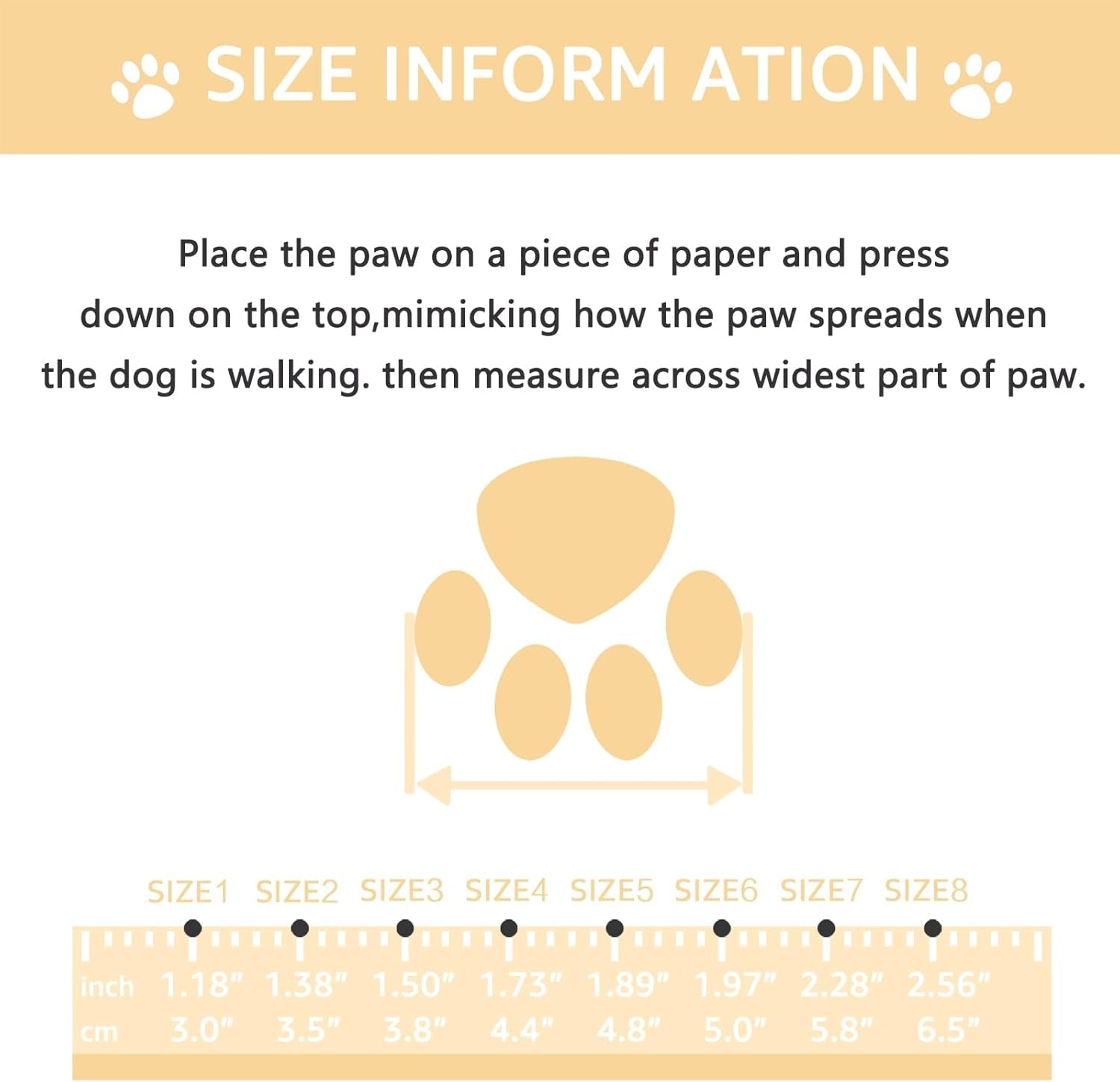 Dog shoe size chart diagram showing paw width measurement guide
