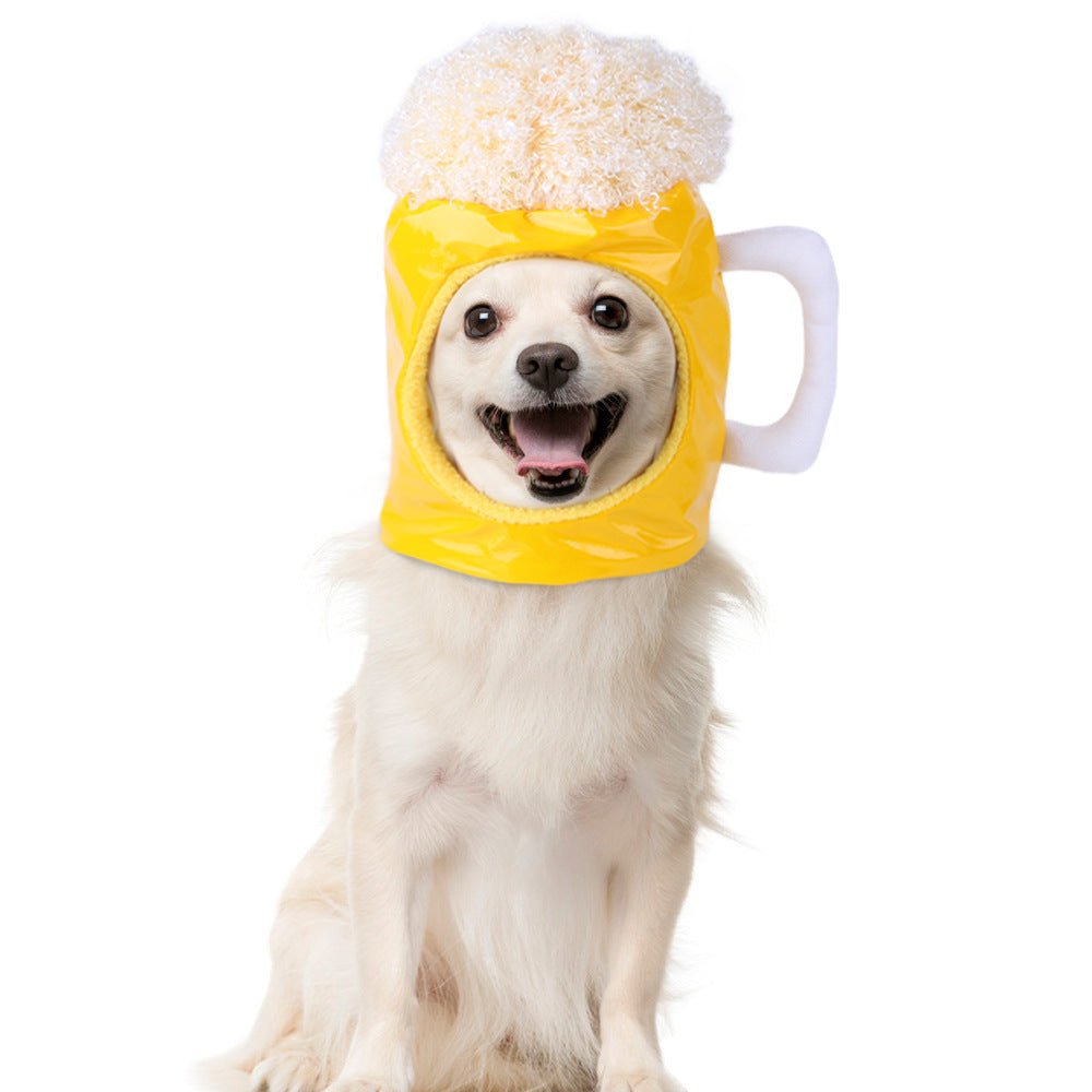 Yellow plush pet hood hat with white trim and a handle cup opening
