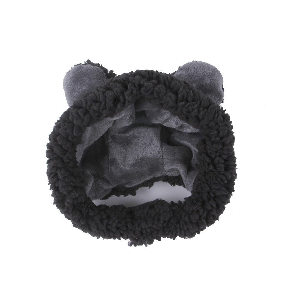 Gray plush pet hat with bear ears and a curled hood opening