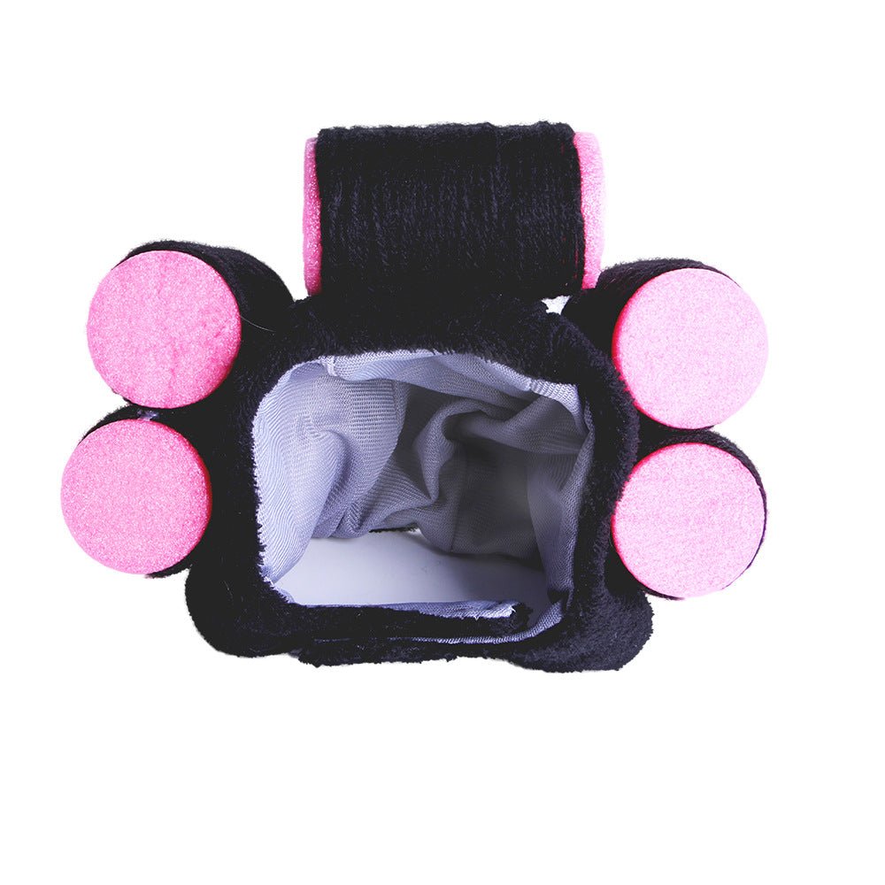 Pet cat hat: black plush with pink pom-poms and pleated gray inner lining