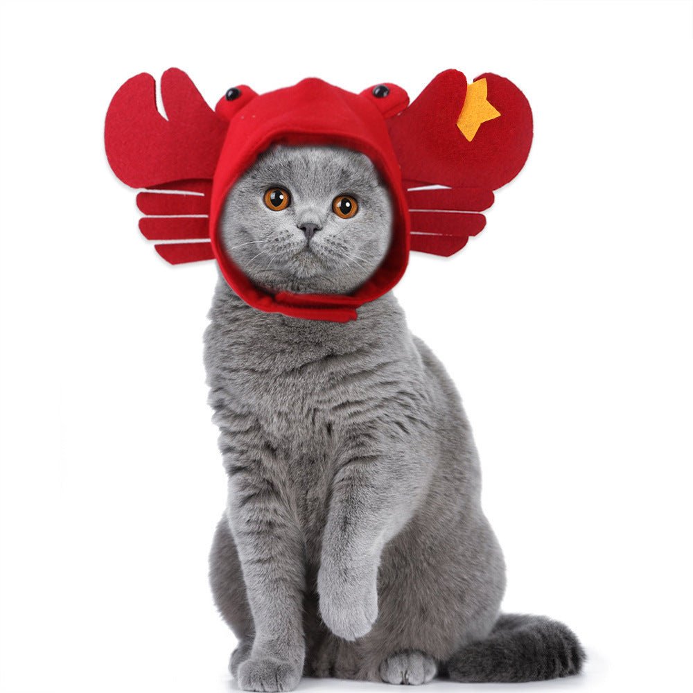 Red plush pet hat with lobster-style wings and a small star badge