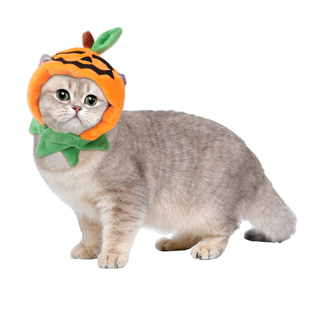 Orange plush pet hat with green leaf accents and a cat face opening