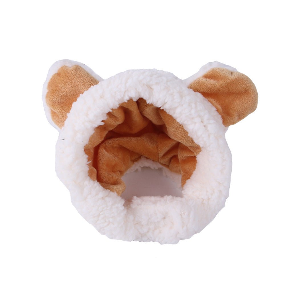 White plush pet hood with tan inner lining and side ear details