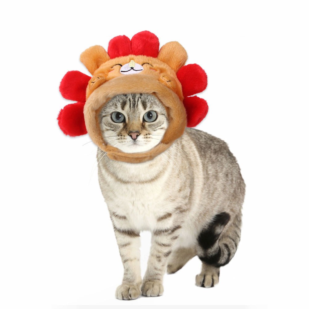 Cat lion mane hat, tan hood with red mane accents and face patch