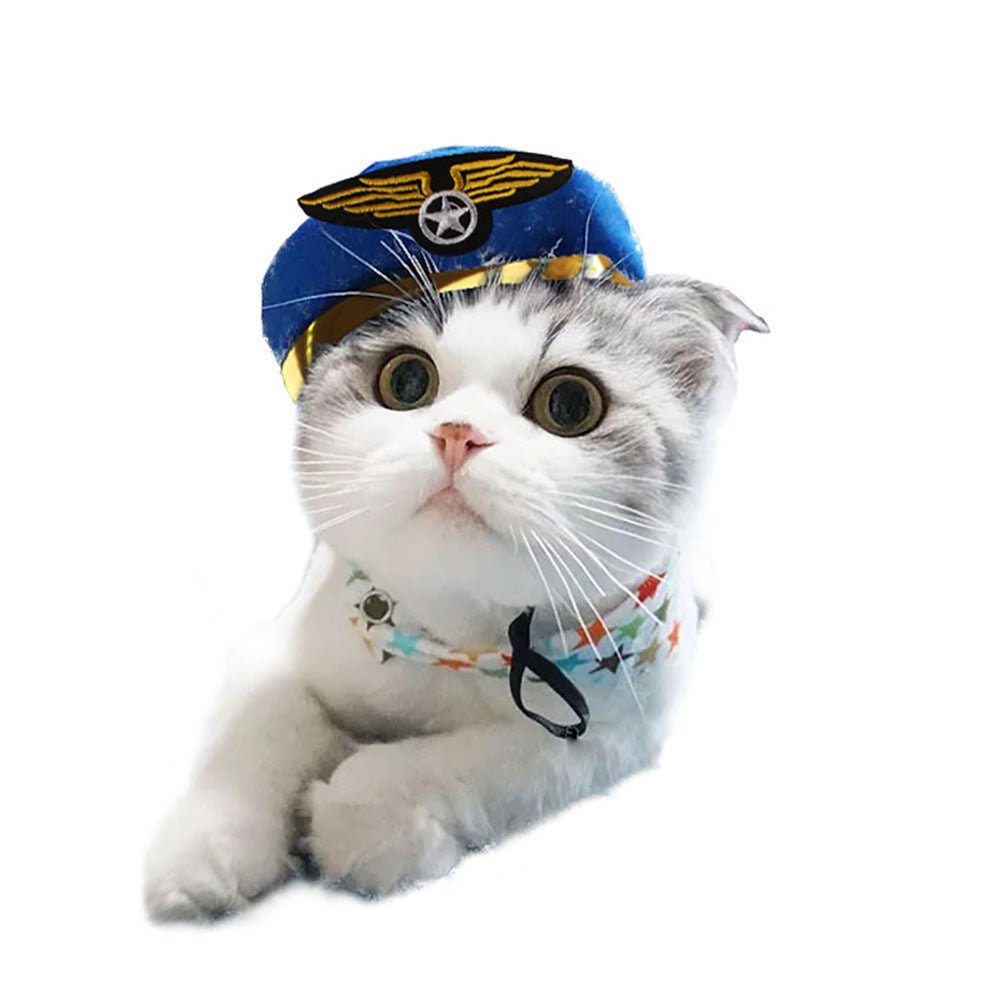 Cat costume hat, blue captain cap with gold trim and star emblem