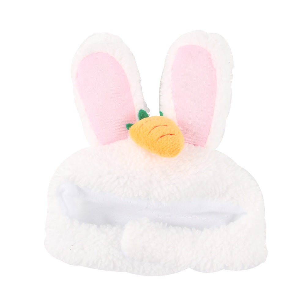 Cat bunny hood hat, white plush with pink ears and yellow nose