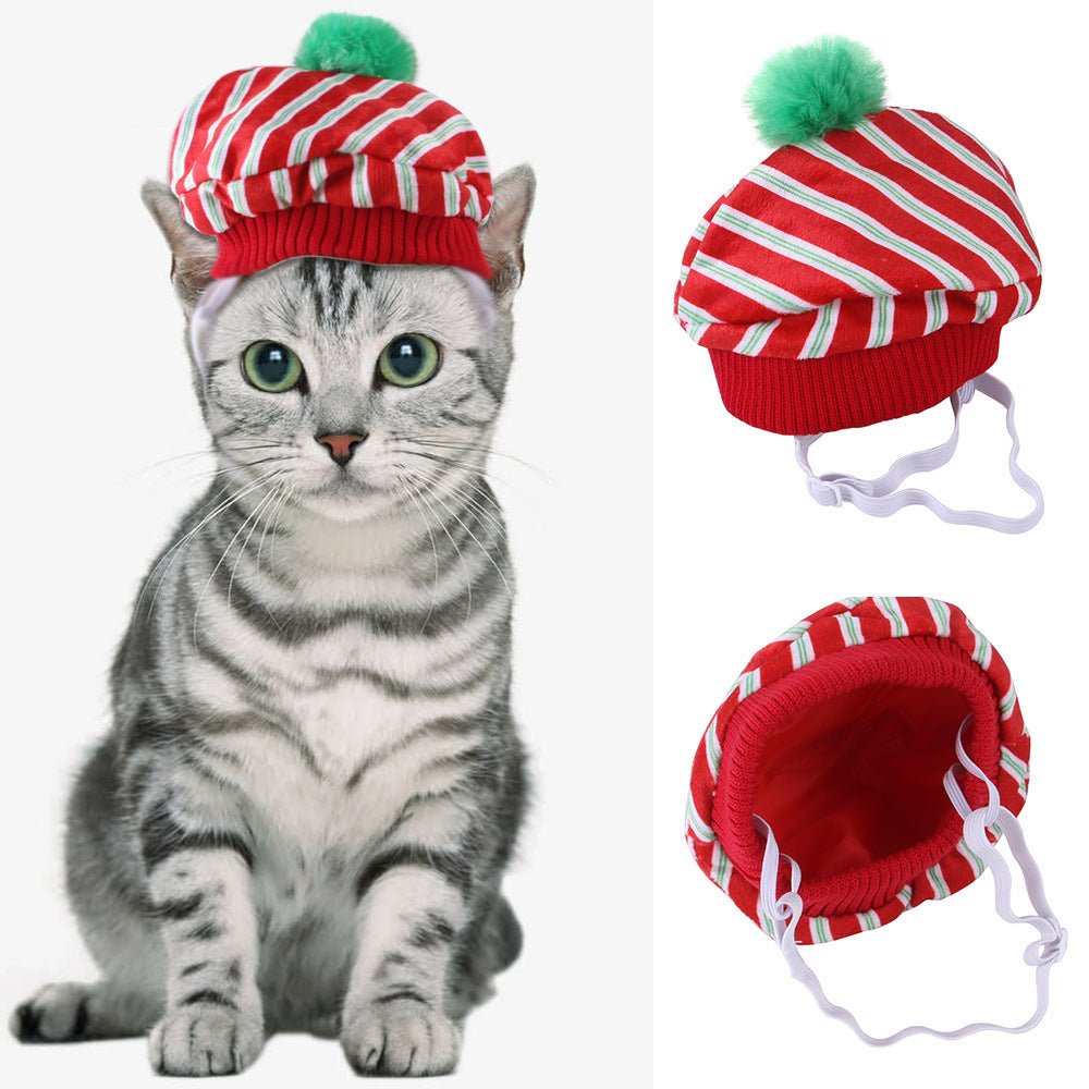 Pet cat costume knit beanie hat in red and white stripes with green pom-pom ties