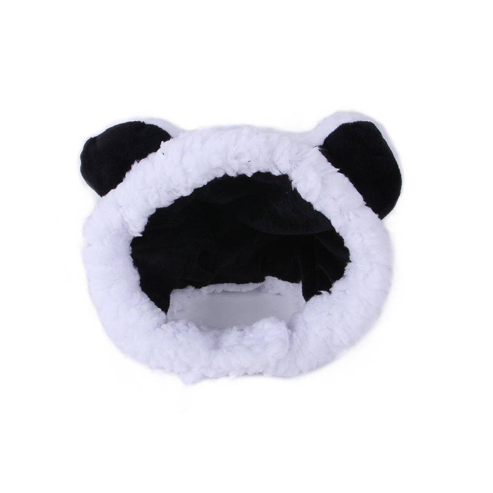 White plush pet hat with panda ears and a black-lined hood opening