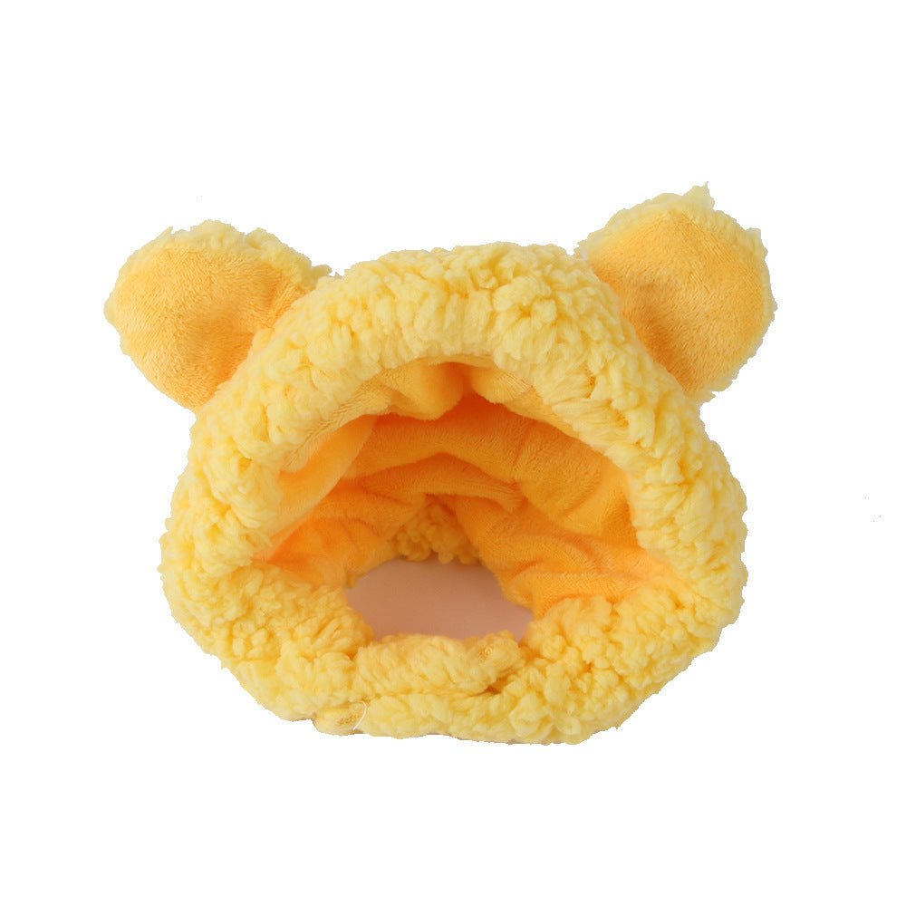 Yellow plush pet hat with rounded bear ears and a wide hood opening