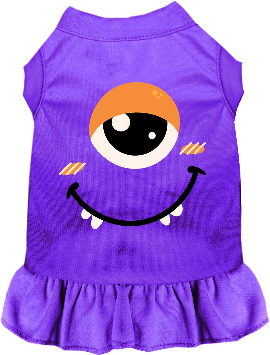Purple pet monster costume dress with smiling face graphic and ruffled skirt