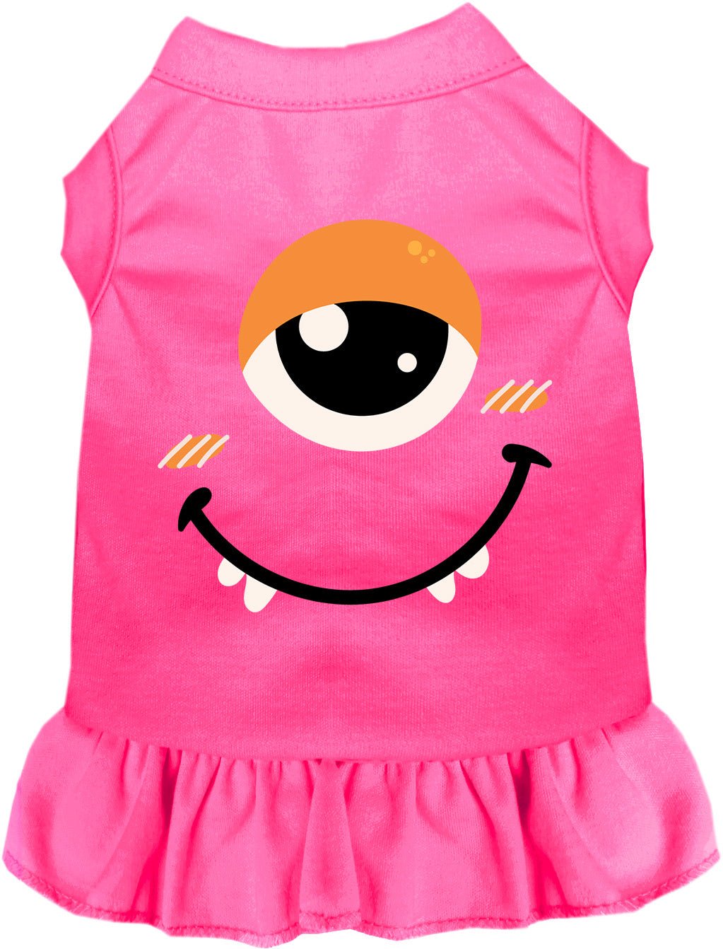 Bright pink pet monster costume dress with smiling face graphic and ruffled hem
