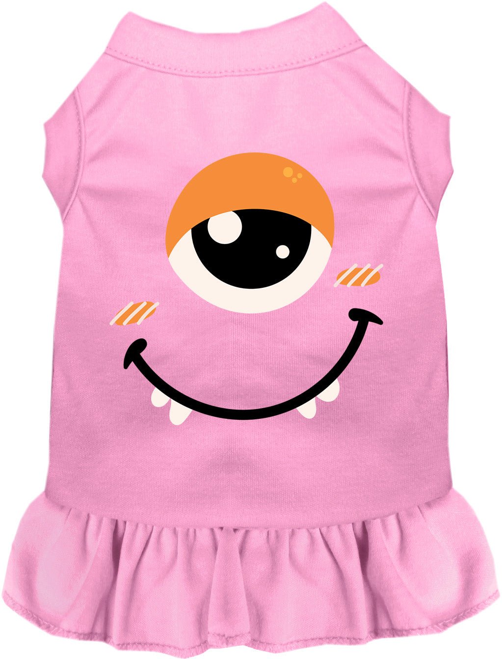 Pink pet monster costume dress with smiling face graphic and ruffled hem