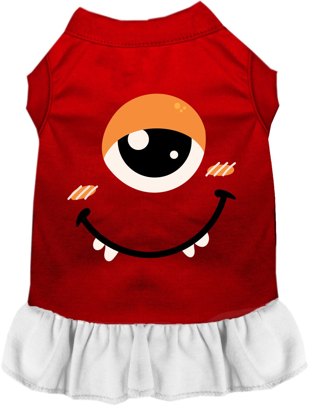 Red pet monster costume dress with smiling face graphic and white ruffled bottom