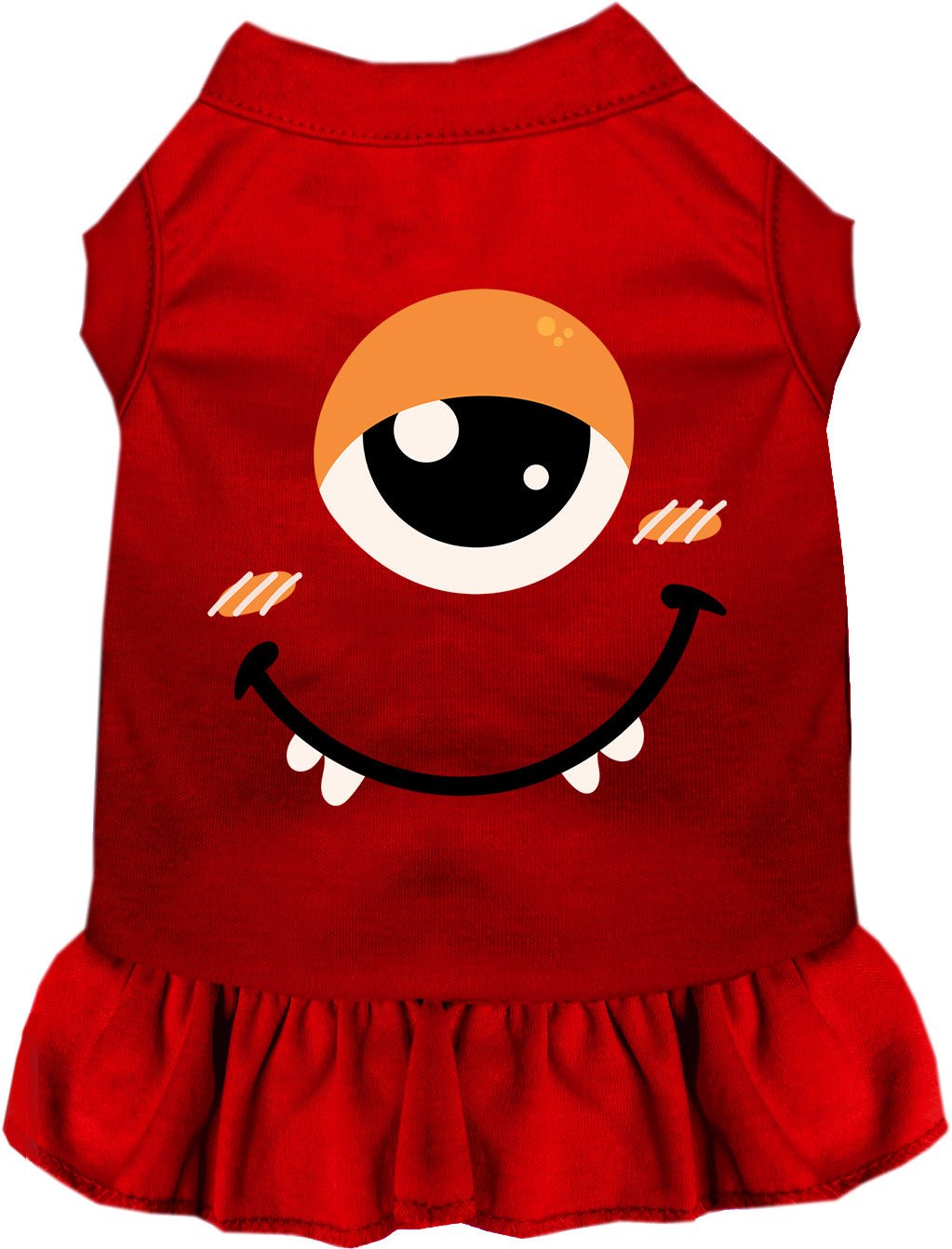 Red pet monster costume dress with smiling face graphic and ruffled hem