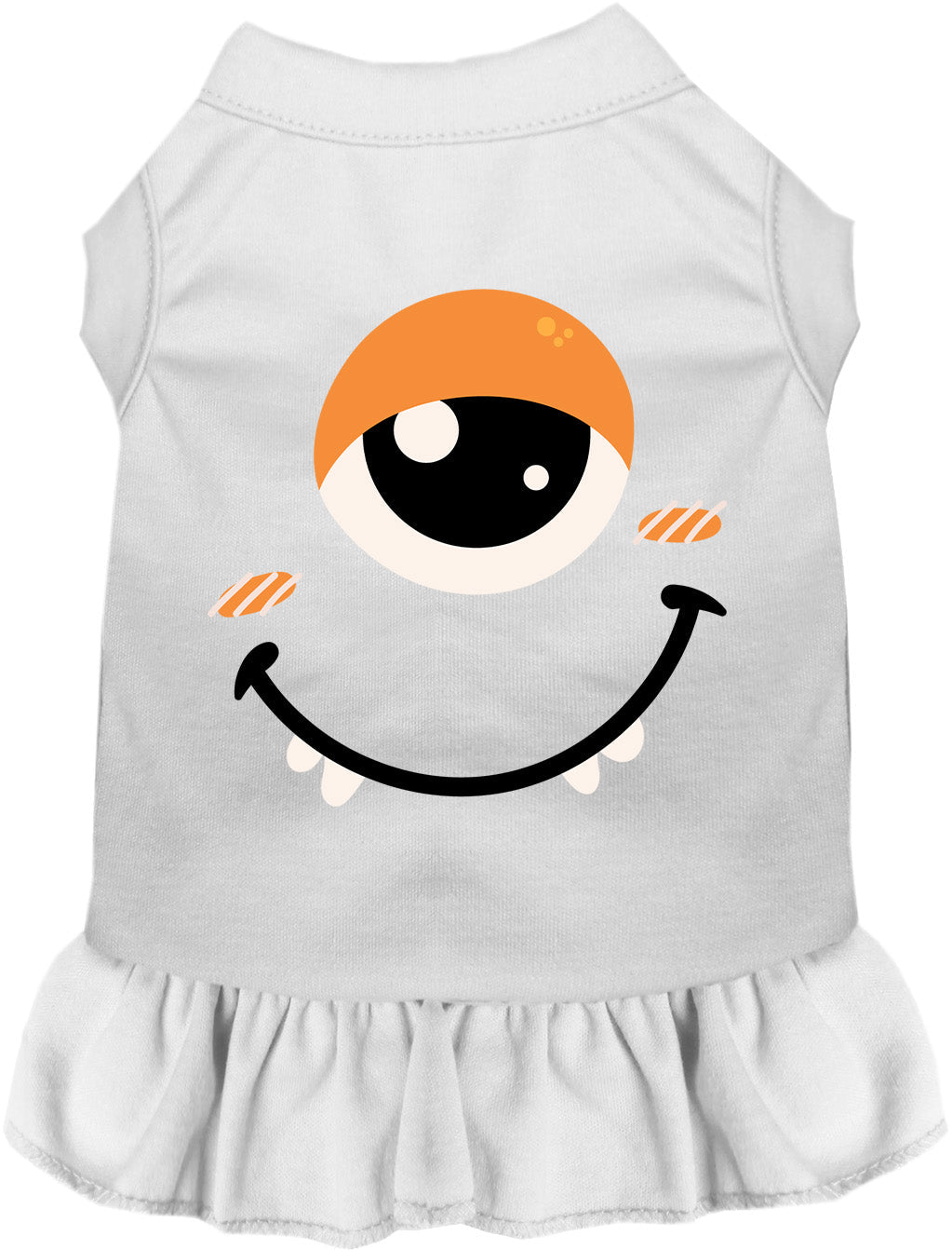 White pet monster costume dress with smiling face graphic and ruffled skirt