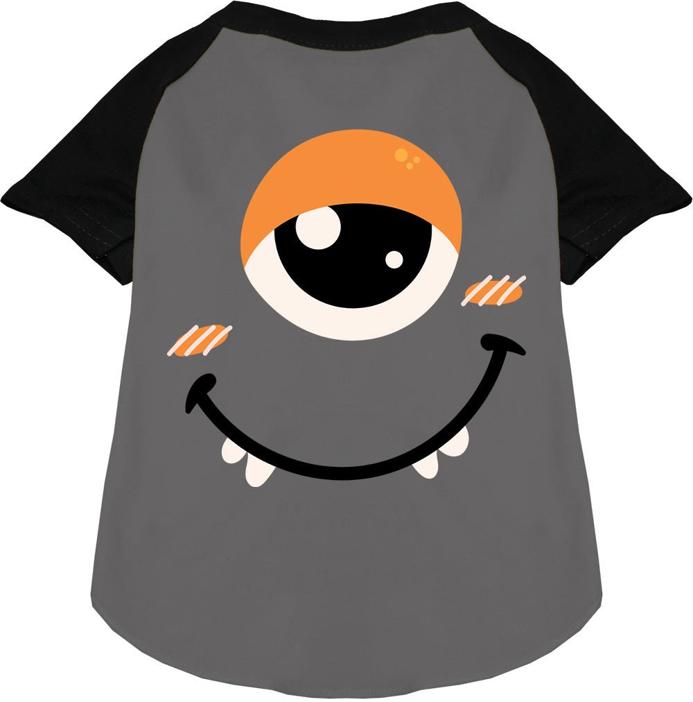 Grey pet raglan shirt with black raglan sleeves and monster face graphic